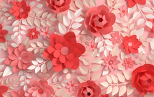 Paper Elegant Pastel Colored Flowers. Valentine's Day, Easter, Mother's Day, Wedding Card, Blooming Wall Background. 3d Render Digital Spring Or Summer Flowers Illustration In Paper Art Style.