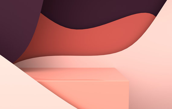 3d rendered scene with paper waves and podium. Platform for product presentation, mock up background. Abstract composition in modern paper art style
