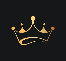 queens or kings crown vector logo. golden corona logotype on dark background