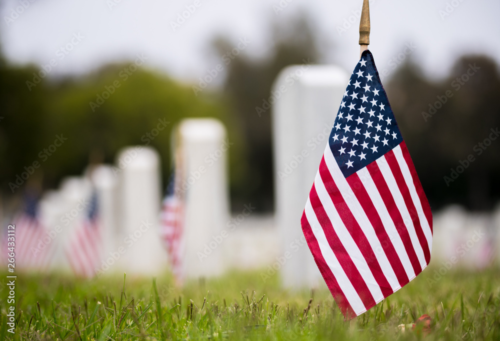 Small American flags and headstones at National cemetary- Memorial Day display - obrazy, fototapety, plakaty 
