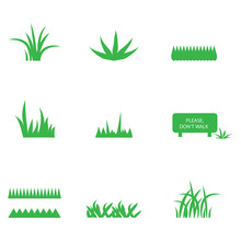 Green Grass Icons Set - Isolated On White Background. Grass Vector Illustration. Flat Plant Vector For Logo Design, Lawn Symbol, Herbal And Park Design. Cartoon Style