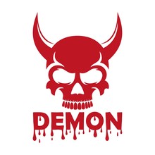 Skull With Horns And Bloody Text In Red. Illustration For Tattoo And Stickers