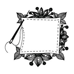 hand drawn textile patch with sewing needle, flowers and leaves in doodle style. black and white iso