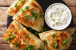 Bolani is a traditional Afghani flatbread stuffed and baked with either potato, onion, cilantro filling closeup. horizontal top view