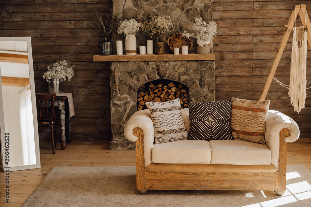 Chalet Cozy Interior Wooden Sofa and Fireplace. Rustic Home Design for ...