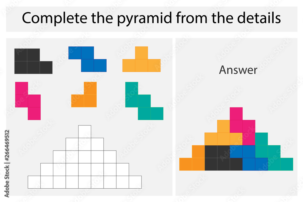 Puzzle game with colorful details for children, complete pyramid, middle level, education game for kids, preschool worksheet activity, task for the development of logical thinking, vector illustration