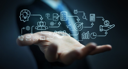 Poster - Businessman using thin line icon project plan presentation