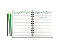 Notebook With Template Hand-drawn Green Festive Bunting With Clover And Pencil. Irish Holiday - Happy St. Patrick's Day With A Garland Of Three-leaf. Greeting Card On Holiday. Vector.