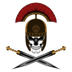 Canvas Print - Color vector image of a legionnaire skull in a helmet with swords. Image on white background.