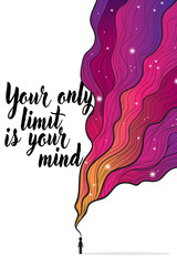 Vector hand draw illustration of black silhouette of man with colourful imagination fllowing cosmic fluid wave on white background with motivation quotes your onli limit is your mind