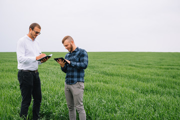 Two farmer standing in a wheat field and looking at tablet, they are examining corp. Young handsome agronomist. Agribusiness concept. agricultural engineer standing in a wheat field