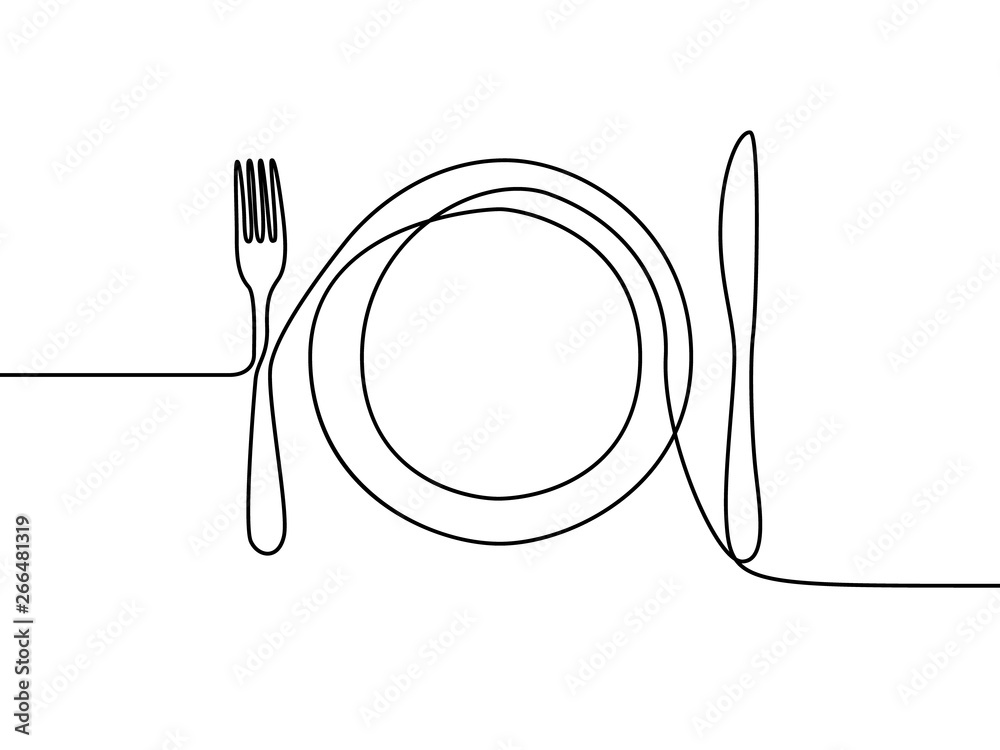 One continuous line plate, khife and fork. Vector illustration. - obrazy, fototapety, plakaty 