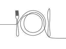 One Continuous Line Plate, Khife And Fork. Vector Illustration.