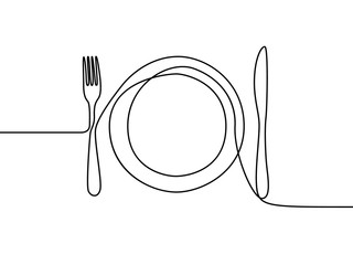 Wall Mural - One continuous line plate, khife and fork. Vector illustration.