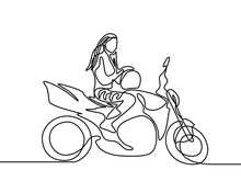 Continuous Line Woman Sitting On Motorbike. Vector Illustration.