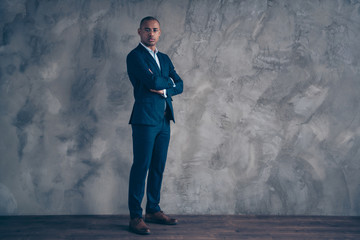 Wall Mural - Full length body size view photo attractive classy entrepreneur chairman short hair bald focused concentrated solve decide  true boss expert ceo specialist trendy blazer isolated dark background  