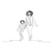 One line mother and daughter with curly hairs walking holding the hand