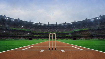 Wall Mural - Grand cricket stadium with wooden wickets front view in daylight