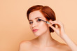 © deagreez - Close-up portrait of nice confident content gorgeous lovely attractive glamorous well-groomed candid peaceful girl applying trendy stylish black mascara isolated over beige pastel background