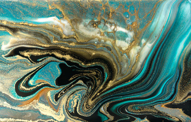 Wall Mural - Blue marbling pattern. Golden marble liquid texture.