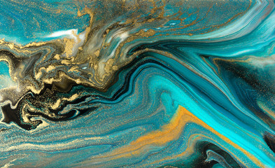 Wall Mural - Blue marbling pattern. Golden marble liquid texture.