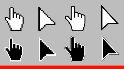 Leinwandbilder - 8 Black and white arrow pixel and no pixel mouse hand cursors icon vector illustration set flat style design isolated on white background.