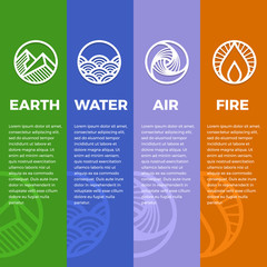 4 elements of nature symbols circle line boder line modern sharp style with earth , fire , air and water vector design