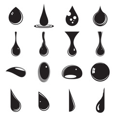 Wall Mural - drops of various liquids. collection of 16 black drop icons on a white background. symbols of drople