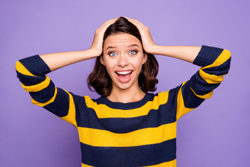 Wall Mural - Close up photo beautiful amazing she her lady yelling arms raised forehead ecstatic astonished hear listen good news big eyes wear blue yellow striped pullover isolated violet purple background