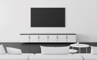Aufkleber - View of living room in minimal style with television and cabinet on wood wall and laminate floor. 3d rendering.	
