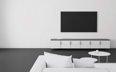 Aufkleber - View of living room in minimal style with television and cabinet on wood wall and laminate floor. 3d rendering.	