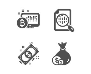 Set of Analytics chart, Payment and Bitcoin system icons. Cash sign. Report analysis, Finance, Cryptocurrency monitor. Banking currency.  Classic design analytics chart icon. Flat design. Vector