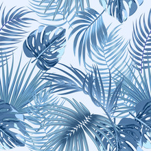 Tropical Blue Palm Leaves, Jungle Seamless Pattern