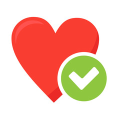 Heart tick icon vector illustration, flat healthy heart with checkmark symbol, health icon for websites or app.