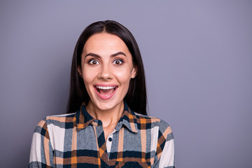 Wall Mural - Close-up portrait of her she nice lovely pretty attractive cheerful cheery positive crazy straight-haired lady wearing checked plaid showing excitement isolated over gray pastel background