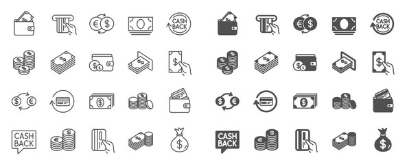 Money line icons. Set of Banking, Wallet and Coins icons. Credit card, Currency exchange and Cashback money service. Euro and Dollar, Cash wallet, exchange. Banking credit card, atm payment. Vector
