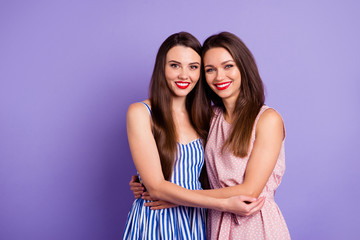 Sticker - Close up portrait two amazing beautiful confident she her lady classy hugging revealing white teeth wear pretty nice cute shiny colorful dresses isolated purple violet bright vivid background