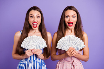 Sticker - Close up photo two people beautiful she her models ladies hands arms hold buyer pay fan usa bucks yell scream shout glad wealthy wear summer colorful dresses isolated purple violet bright background