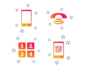 Poster - Phone icons. Smartphone with Qr code sign. Call center support symbol. Cellphone keyboard symbol. Random dynamic shapes. Gradient call icon. Vector