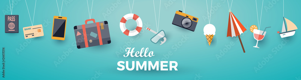 Hello summer with decoration origami hanging on the sky background. Vector illustration with boat, luggage, sailing boat, cocktail, suitcase, passport, camera, smartphone, credit card and umbrella - obrazy, fototapety, plakaty 