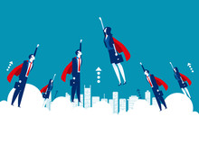 Business Heroes Flying Goal. Concept Business Vector Illustration, Successful, Teamwork, Office Worker.