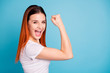 © deagreez - Portrait of cute attractive ecstatic lady youth raise fist open mouth expression shout yell yeah celebration lottery luck lucky fortune isoalted wear fashionable outfit blue background
