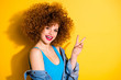 © deagreez - Close-up portrait of her she nice confident lovely sweet feminine girlish winsome charming attractive cheerful glamorous girl showing v-sign isolated over bright vivid shine yellow background