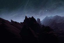Alien Planet With Rough Terrain, Mountain Landscape With Stars On Night Sky, Illustration With 3d Elements