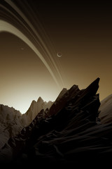 Wall Mural - sunset on ringed planet with mountains, science fiction illustration with 3d elements