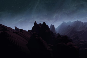 Wall Mural - alien planet with rough terrain, mountain landscape with stars on night sky, illustration with 3d elements