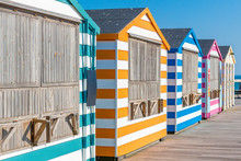 Colorful Beach Cabanas Taken At The Beach In Hastings, UK. 