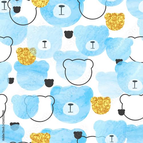 Seamless blue pattern with abstract watercolor bears.