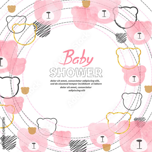 Baby Shower girl card design with abstract watercolor pink bears.