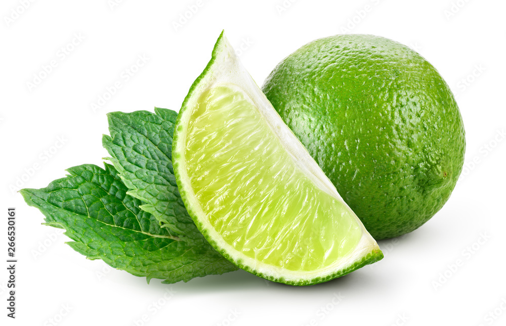 Lime isolated. Lime slice with mint leaves isolate on white. - obrazy, fototapety, plakaty 